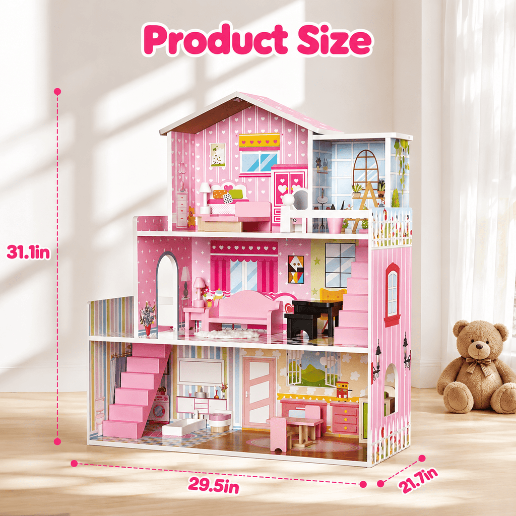 Redsmile Wooden Dollhouse for Kids, 3-Story Doll House with 17 Furniture Pieces and Accessories for Pretend Play and Birthday Gifts, Pink