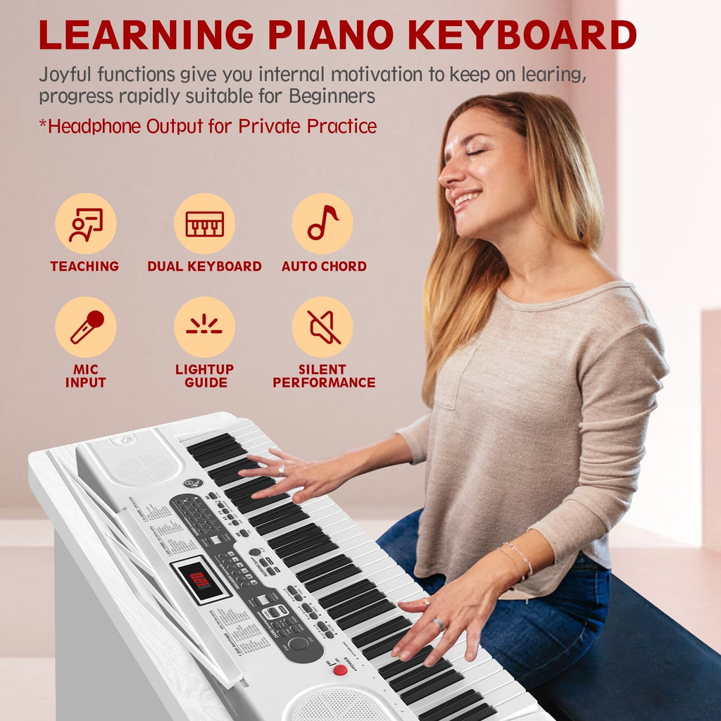 Redsmile 61 Key Piano Keyboard with Lighted Keys Stand Bench Microphone Headphone and Built-in Speakers for Beginners, White