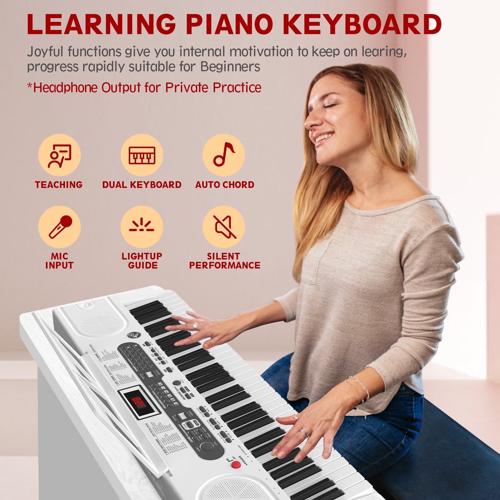 Redsmile 61 Key Piano Keyboard with Lighted Keys Stand Bench Microphone Headphone and Built-in Speakers for Beginners, White