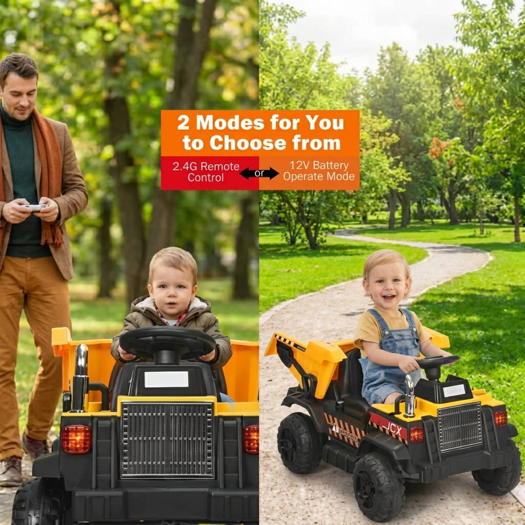 Redsmile 12V Battery Kids Ride On Dump Truck with Electric Bucket, Detachable Shovel, 2.4G Parental Remote Control, LED Lights, USB Music Toddler Toy, Yellow