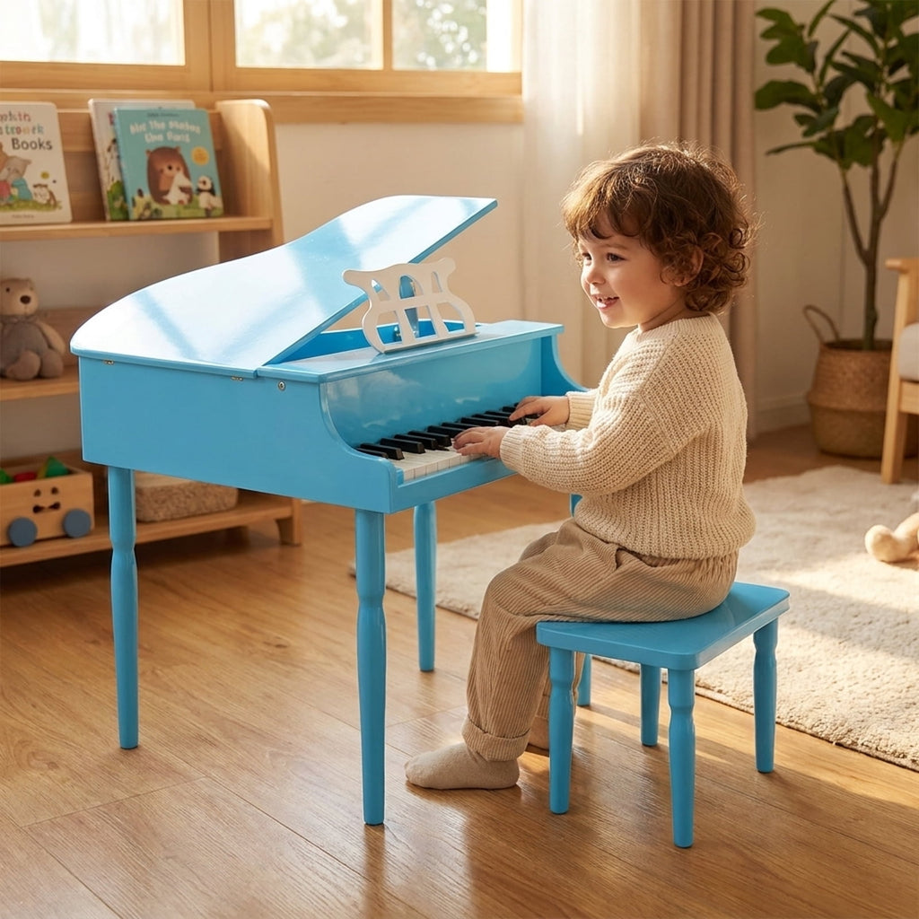 Redsmile 30-Key Wooden Kids Grand Piano Toy with Bench and Music Rack for Toddlers and Beginners, Multicolor
