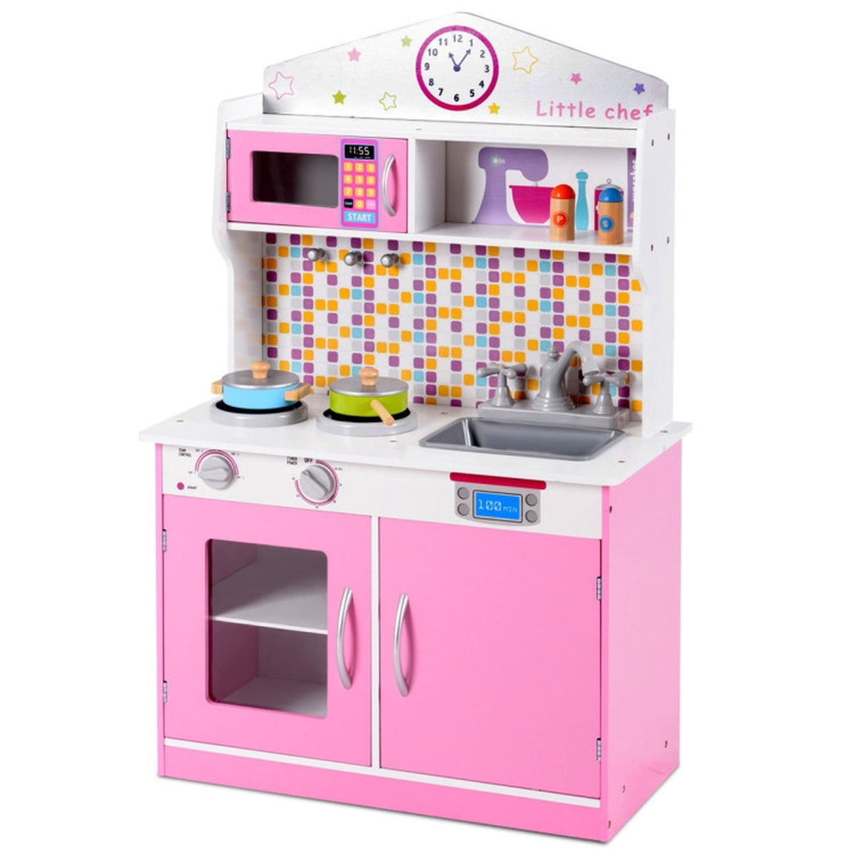 Redsmile Wooden Play Kitchen for Kids, Pretend Cooking Playset with Cookware Accessories, Toddler Kitchen Toy, Pink