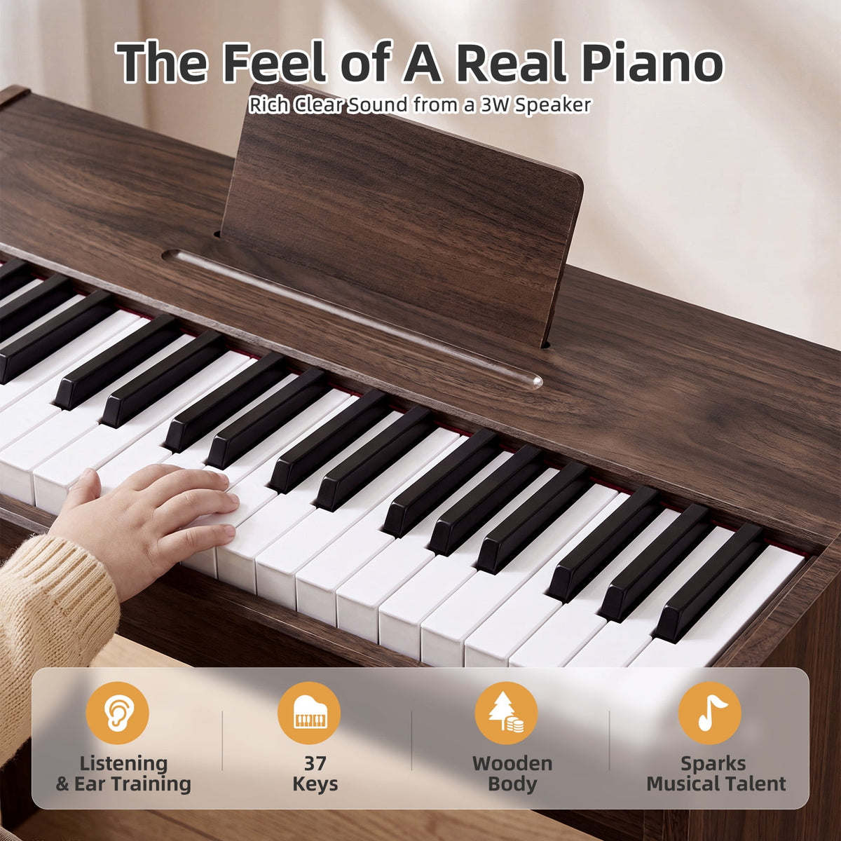 Redsmile 37-Key Kids Wooden Digital Piano with Bench, Music Book Stickers, Educational Keyboard Toy for Toddlers 3-8