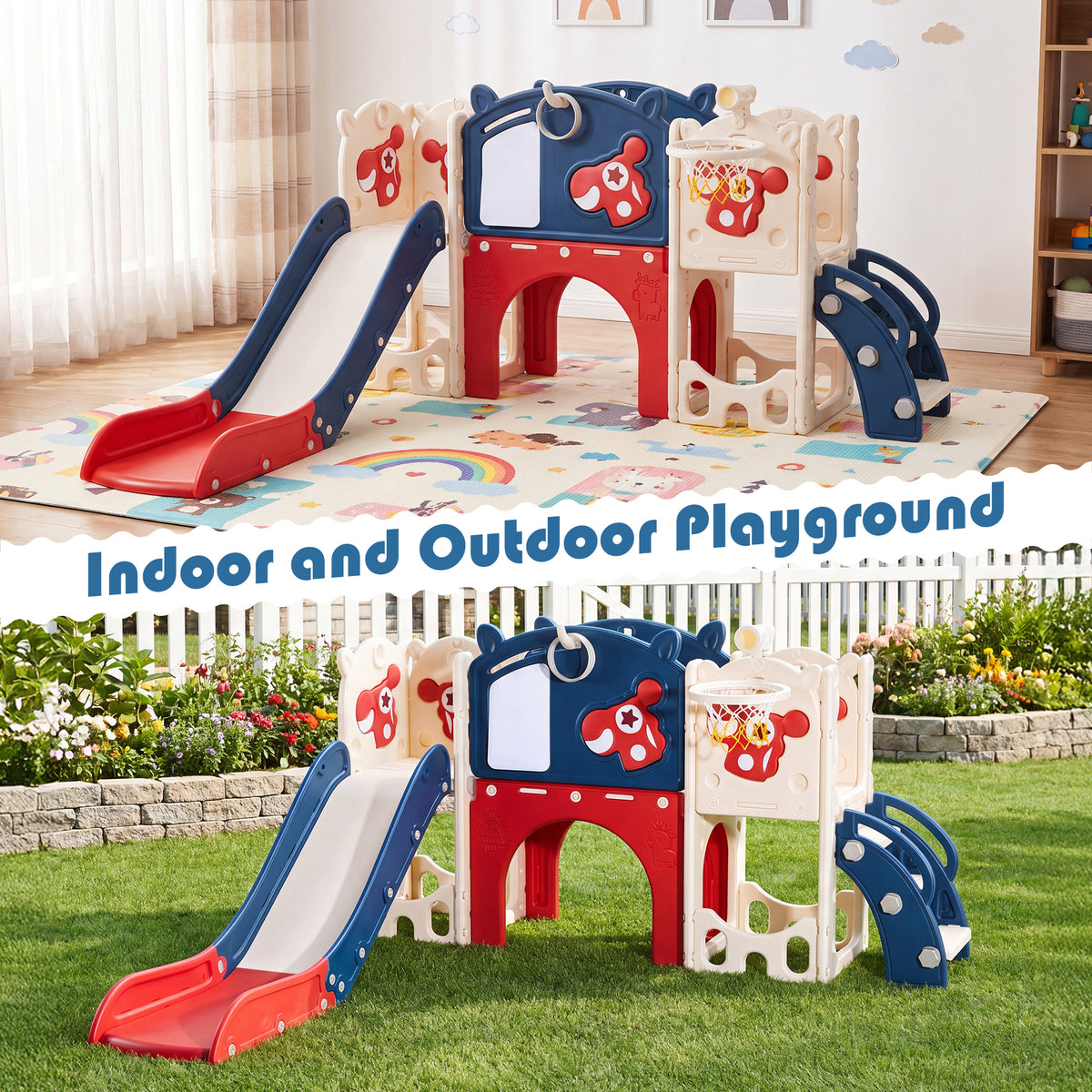 Redsmile 11-in-1 Toddler Slide Indoor Playground with Climber, Basketball Hoop and Storage, Kids Activity Center for Boys Girls
