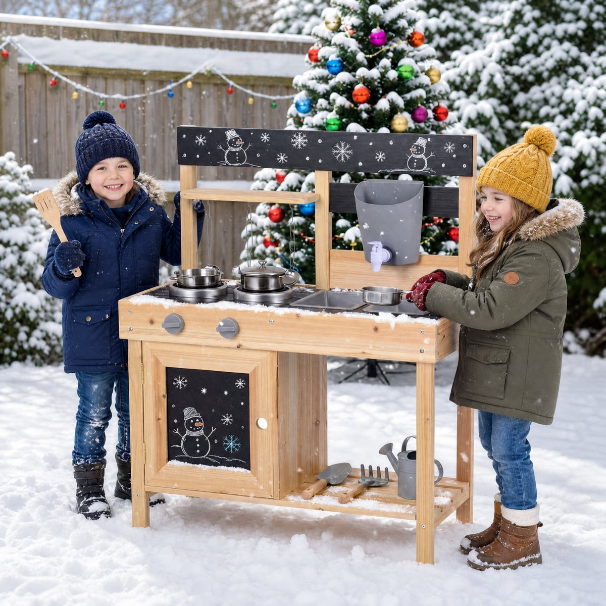 Redsmile Mud Kitchen for Kids Outdoor with 2 Removable Sinks, Fir Wood Play Kitchen Set with Water Box Faucet 2 Stoves and 5 Kitchenware, Toddler Backyard Playset for Ages 3+, Natural