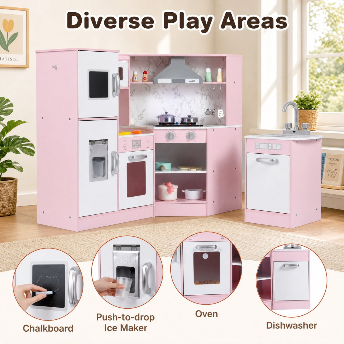Redsmile Kids Corner Play Kitchen Set for Toddlers 3+ Years, Pretend Play Kitchen with Separated Washing Basin, Rotary Faucet, Sound and Light Range Hood, Chalkboard and 14 Accessories, Pink