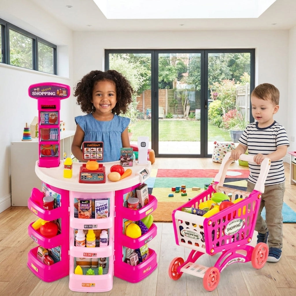 Redsmile Supermarket Playset for Kids 76 PCS Pretend Play Grocery Store Set with Shopping Cart, Pink