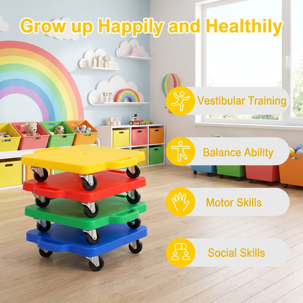 Redsmile 4-Pack Sitting Scooter Boards with Handles and Swivel Wheels, Indoor Active Play Set in Red, Yellow, Blue and Green