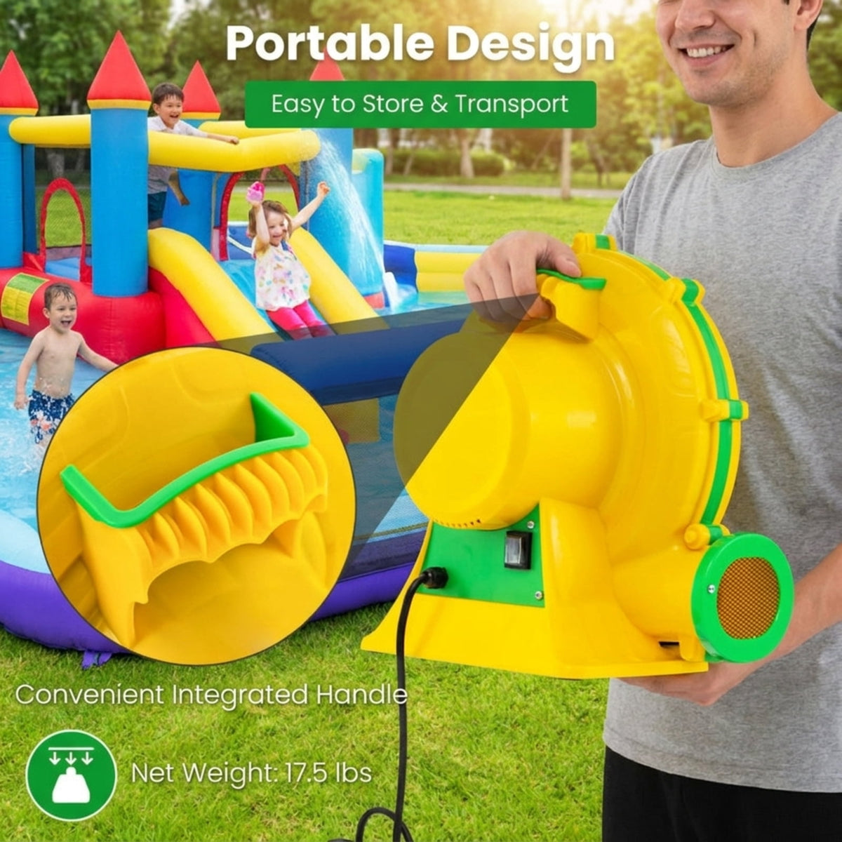 Redsmile 950W Air Blower Pump Fan with Handle and Ground Stakes, High-Performance Inflatable Blower for Bounce House and Holiday Inflatables, Portable Air Pump, Yellow