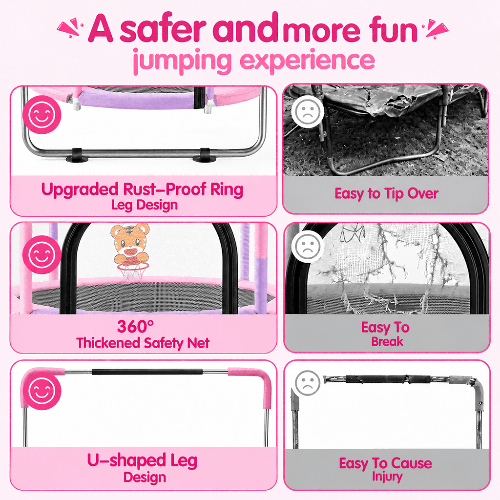Redsmile 55 Inch Trampoline for Kids with Safety Net, 3-Level Adjustable Height, 500lb Capacity Indoor and Outdoor Jumper with Basketball Hoop for Boys and Girls, Pink