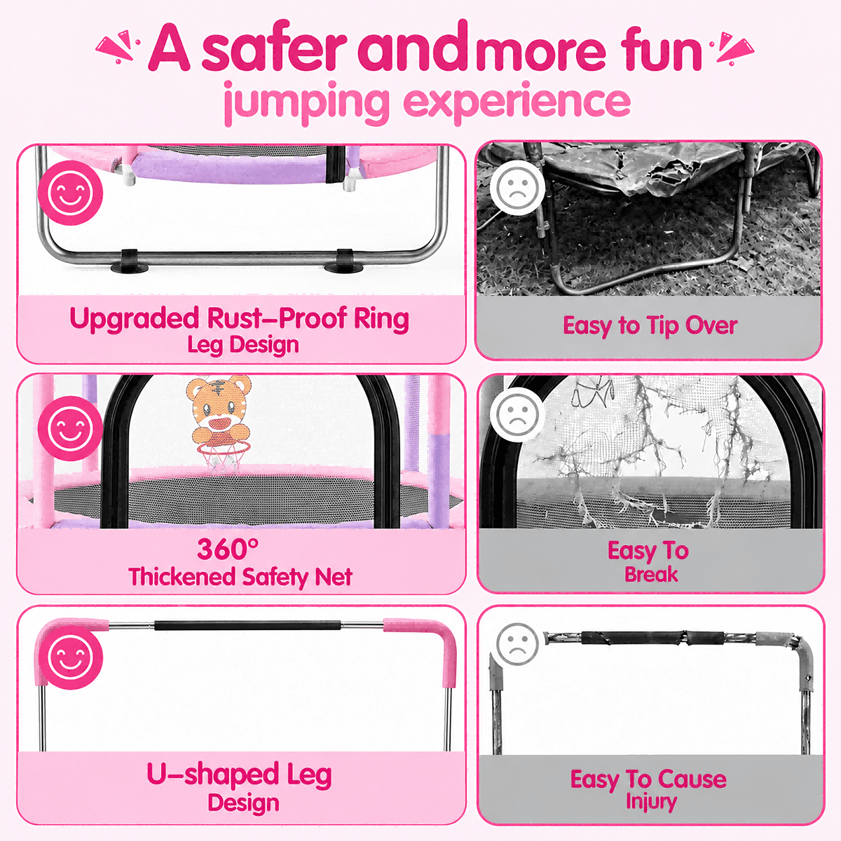 Redsmile 55 Inch Trampoline for Kids with Safety Net, 3-Level Adjustable Height, 500lb Capacity Indoor and Outdoor Jumper with Basketball Hoop for Boys and Girls, Pink