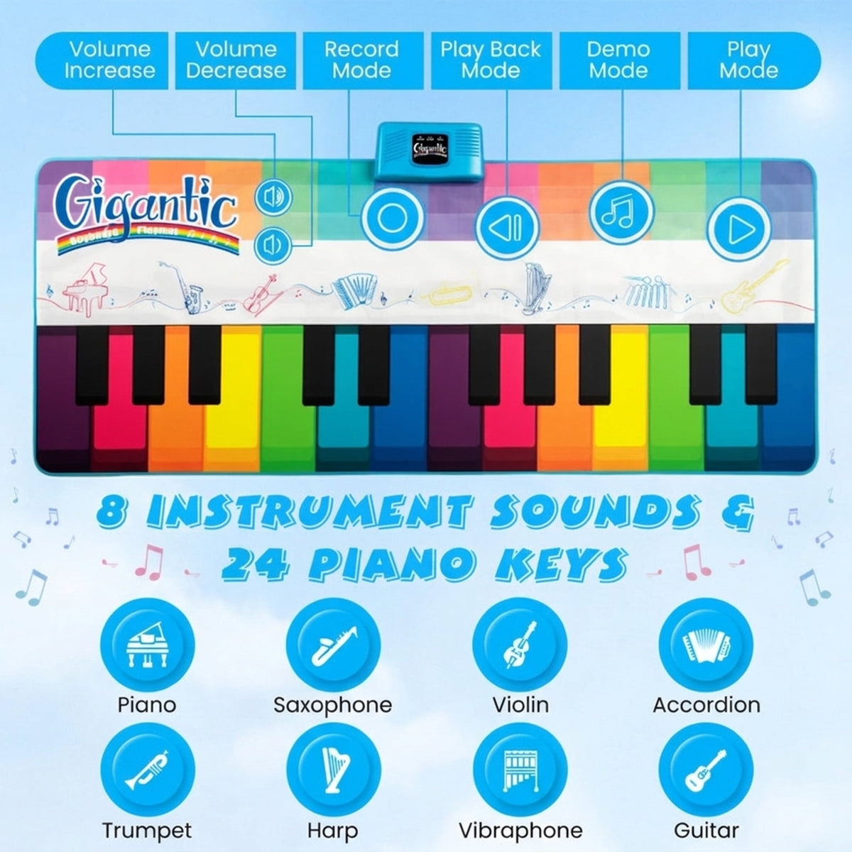 Redsmile Kids Floor Piano Play Mat with 8 Instrument Sounds and 24 Piano Keys for Tummy Time and Crawling, Multicolor