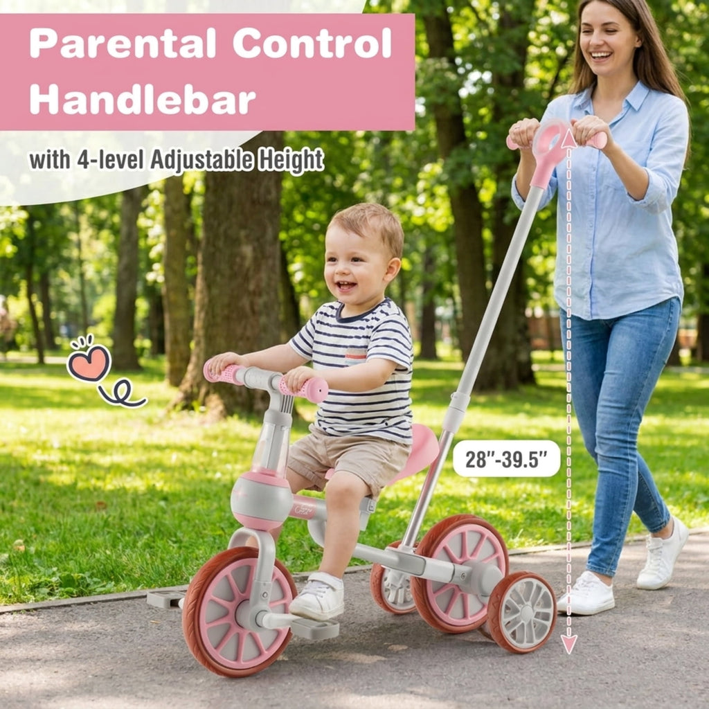 Redsmile Kids Tricycle 4-in-1 Trike Bike for Toddlers Ages 2-4 with Adjustable Parent Push Handle and Seat Height, Carbon Steel Frame Holds 66 lbs, Pink