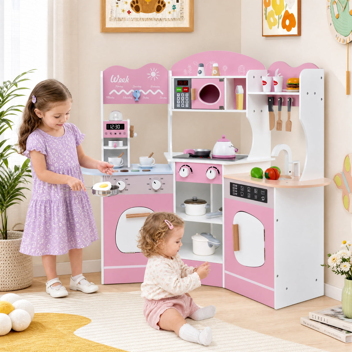 Redsmile Corner Wooden Play Kitchen Set for Kids 3+ Years, Pretend Play Kitchen with Coffee Machine, Slide, Light-Up Microwave, Stoves, Washing Machine and 20 Accessories, Pink