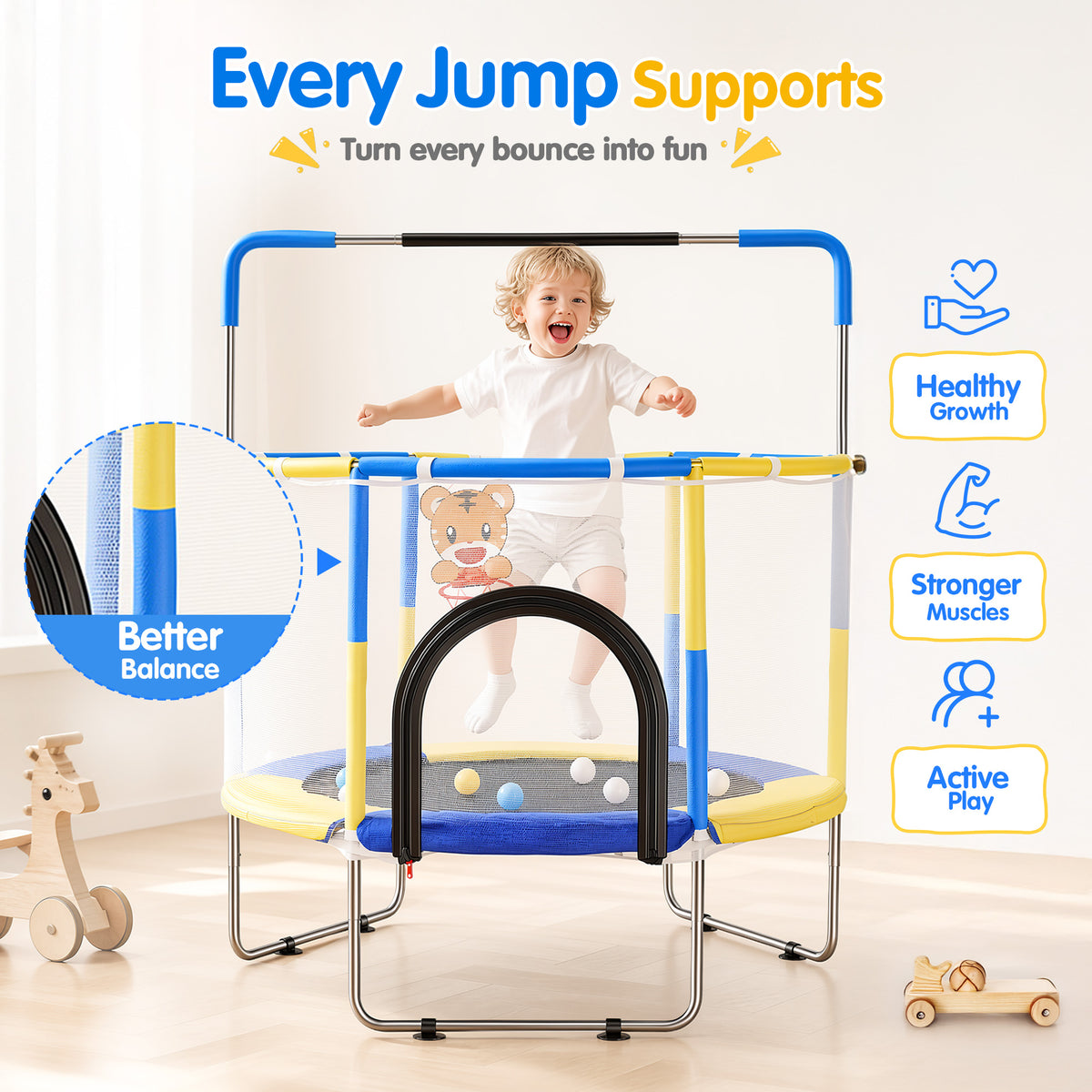 Redsmile 55 Inch Trampoline for Kids with Safety Net, 3-Level Adjustable Height, 500lb Capacity Indoor and Outdoor Jumper with Basketball Hoop for Boys and Girls, Blue