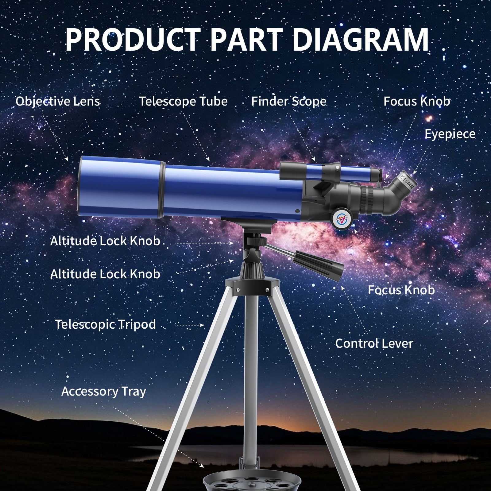 Redsmile Telescope for Adults Astronomy Beginners80mm Aperture 500mm Refractor Telescope with AZ Mount Tripod and 2 Eyepieces20x to 50x Magnification for Moon ViewingBlue