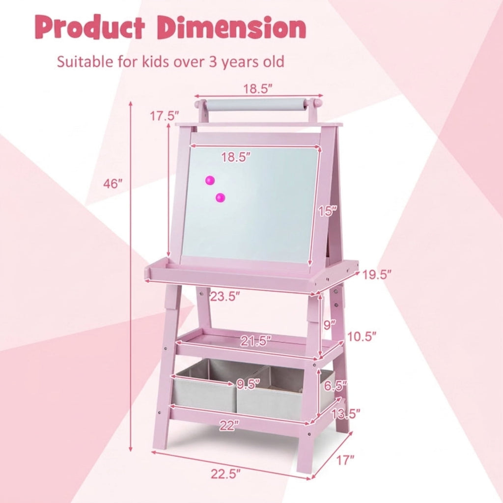 Redsmile 3-in-1 Kids Art Easel, 46 Inch Double-Sided Standing Easel with Paper Roll Whiteboard Chalkboard Storage Shelves and Paint Cups, Toddler Drawing Board for Boys Girls Ages 3+, Pink