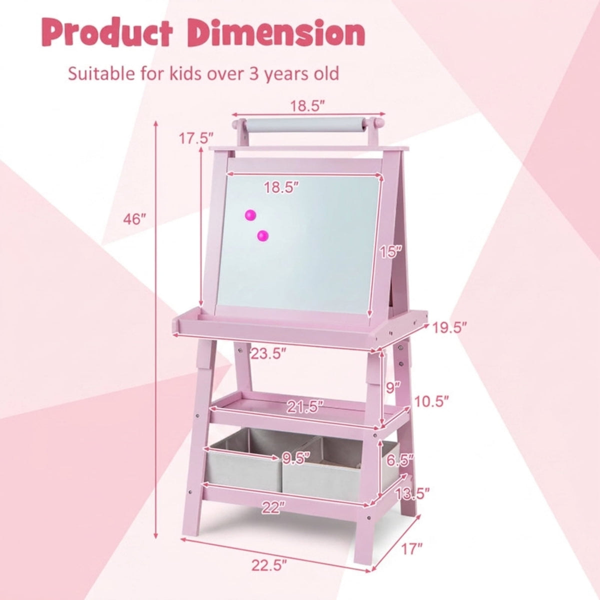 Redsmile 3-in-1 Kids Art Easel, 46 Inch Double-Sided Standing Easel with Paper Roll Whiteboard Chalkboard Storage Shelves and Paint Cups, Toddler Drawing Board for Boys Girls Ages 3+, Pink