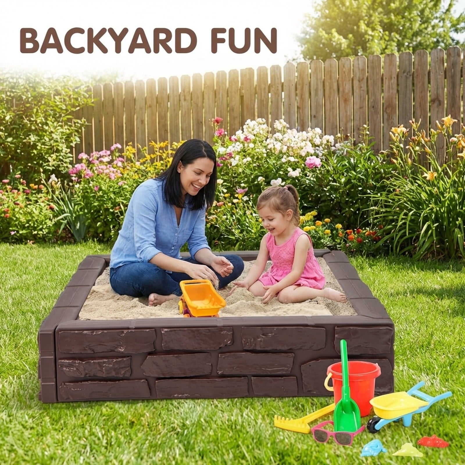 Redsmile 2-In-1 HDPE Kids Sandbox with Cover and Bottom Liner - Brown - Outdoor Play - Garden Toy - Backyard Fun