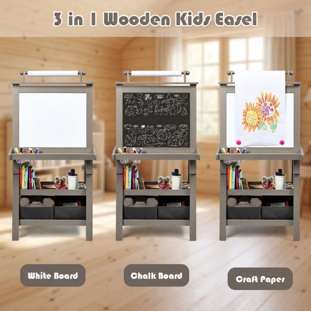 Redsmile 3-in-1 Double-Sided Kids Art Easel with Paper Roll and Storage Bins, Art Easel for Kids, Standing Easel, Double Sided Easel for Toddlers Boys Girls, Christmas Birthday Gift, Gray
