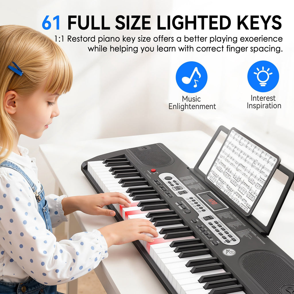 Redsmile 61-Key Piano Keyboard with Lighted Keys, Stand, Bench, Microphone, Headphone, Electronic Keyboard Piano Set, Black