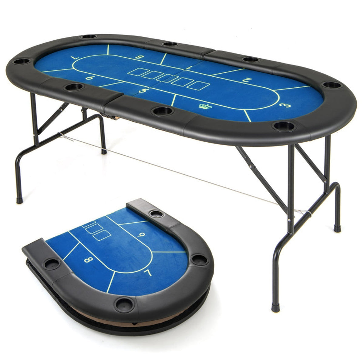 Redsmile 72 Inch Foldable Poker Table with 8 Cup Holders, Portable Casino Card Game Table with Padded Armrests Waterproof PU Leather and Non-Slip Feet for Home Game Room, Blue