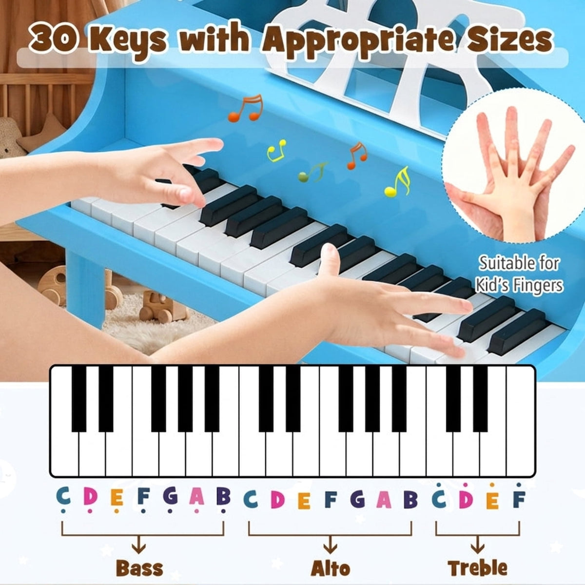 Redsmile 30-Key Wooden Kids Grand Piano Toy with Bench and Music Rack for Toddlers and Beginners, Multicolor