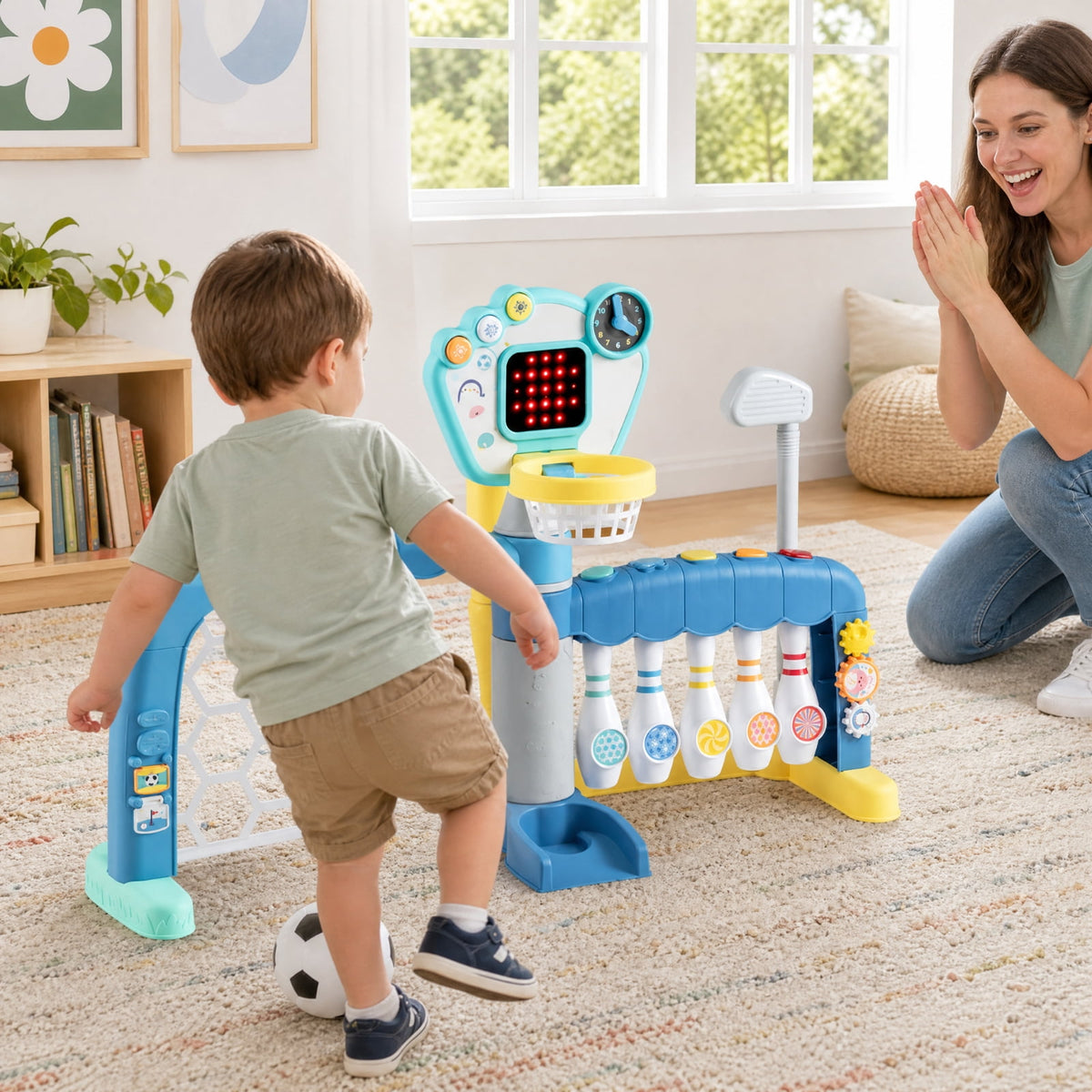 Redsmile 5-in-1 Toddler Sports Toy with Adjustable Basketball Hoop, Baby Sports Center with Soccer Golf Baseball Bowling for Baby Boys Girls 18 Months+, Lights Music, Multicolor