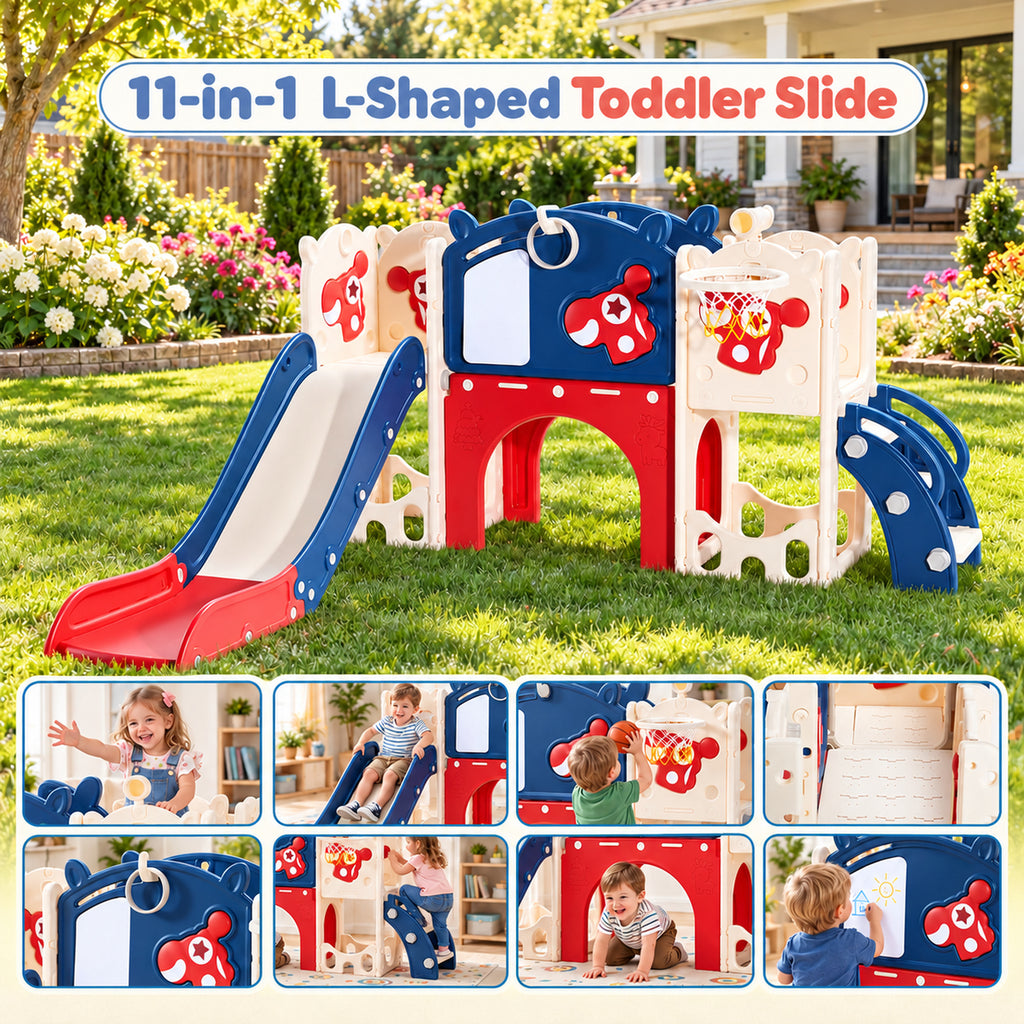 Redsmile 11-in-1 Toddler Slide and Climber Indoor Playground with Tunnel, Basketball Hoop, Drawing Board and Ring Toss, Outdoor Kids Playset Activity Center with Storage for Boys and Girls