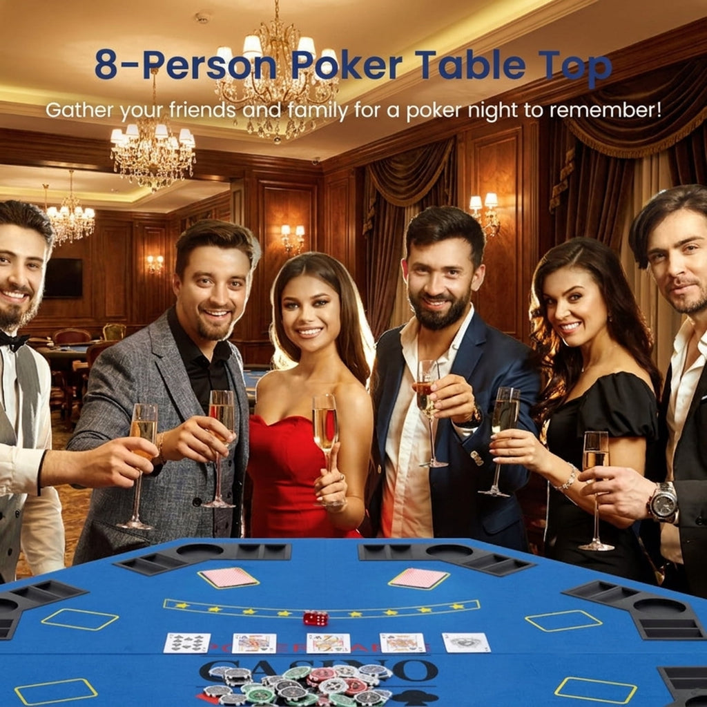 Redsmile 48 Inch 8-Player Foldable Poker Table Top with Carrying Bag, Portable Round Card Game Table Topper with 8 Cup Holders and Chip Trays for Texas Holdem Home Party, Blue