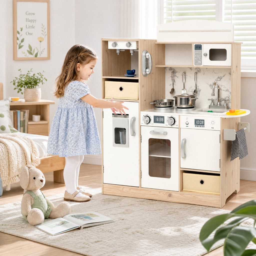 Redsmile Kids Play Kitchen Set for Toddlers 3+ Years, Pretend Play Kitchen Playset with Remote-Adjustable LED Lights, Working Coffee Maker, Ice Maker, Removable Fabric Bins and Sink, White