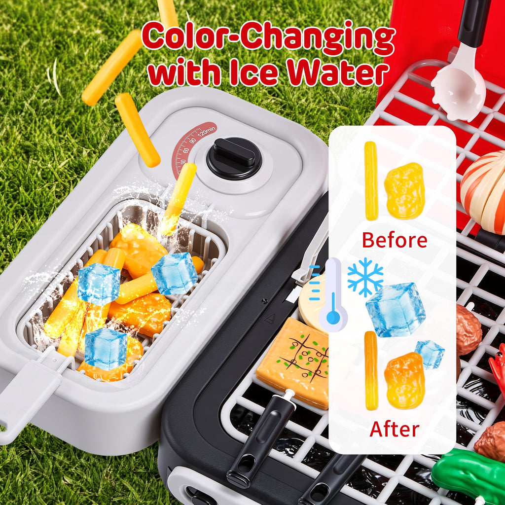 Redsmile Kids BBQ Grill Toy with Spray Light and Sound, Color-Changing Play Food Set, Pretend Play Kitchen Toy for Boys Girls