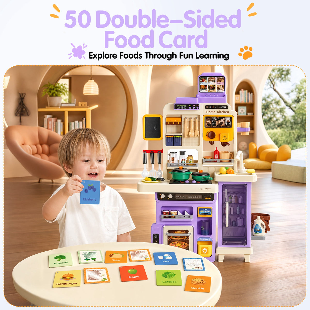 Redsmile Play Kitchen Set with Interactive Menu, Steam Stove, Ice Coffee Maker, Lights, Sounds Music, Apron Set and Food Cards,Pretend Play Toys Gifts for Kids,Purple