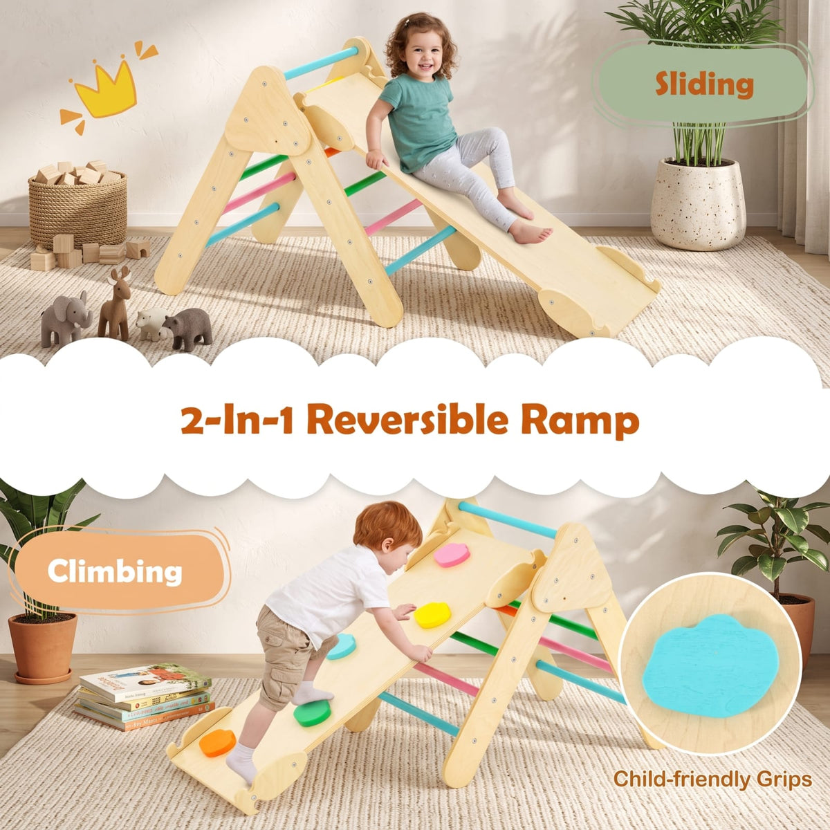 Redsmile 5-in-1 Wooden Kids Climber Toys with Triangle Arch Ramp for Kids Toddlers, Indoor Outdoor Playset for Boys and Girls 1+ Years Old, Multicolor