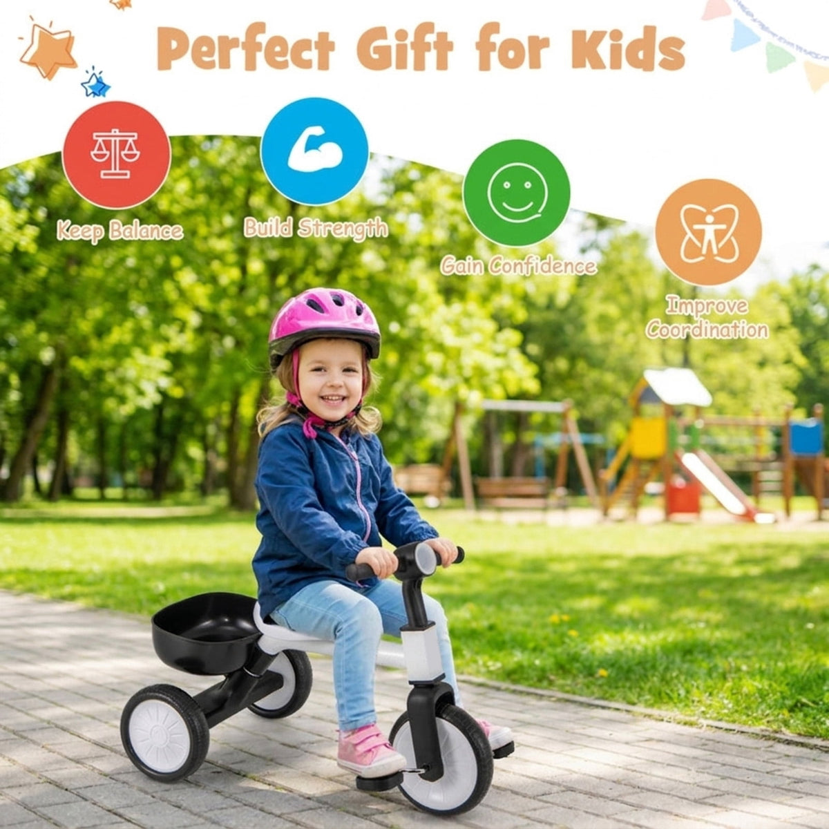 Redsmile Toddler Tricycle for 2-4 Year Olds, Convertible Trike with 86 Degree Limited Steering and Storage Basket, Kids First Trike, White