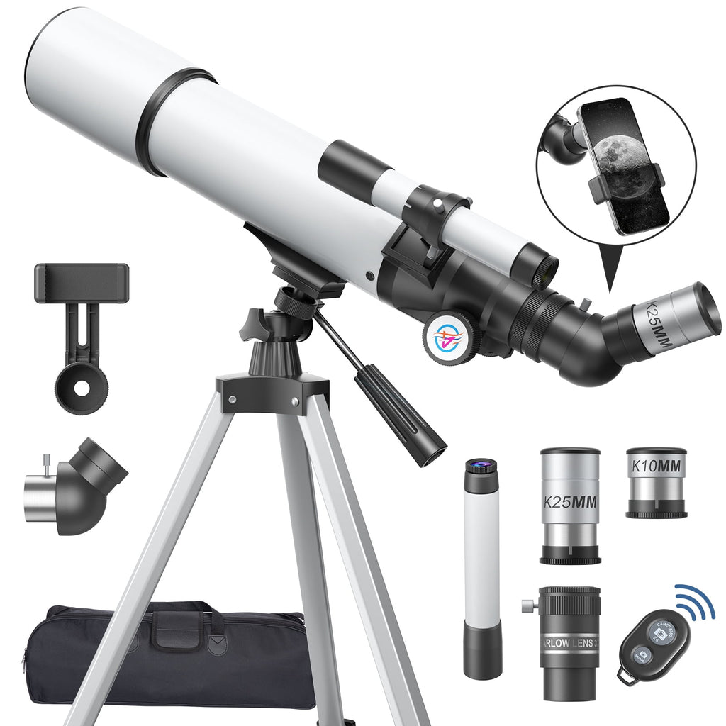 Redsmile Telescope for Adults Astronomy Beginners80mm Aperture 500mm Refractor Telescope with AZ Mount Tripod and 2 Eyepieces20x to 50x Magnification for Moon ViewingWhite