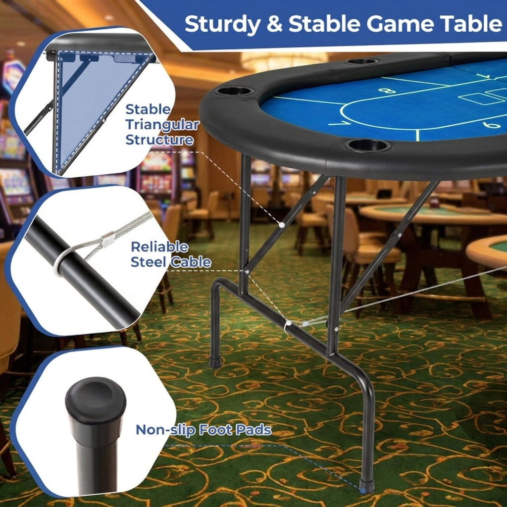 Redsmile 72 Inch Foldable Poker Table with 8 Cup Holders, Portable Casino Card Game Table with Padded Armrests Waterproof PU Leather and Non-Slip Feet for Home Game Room, Blue