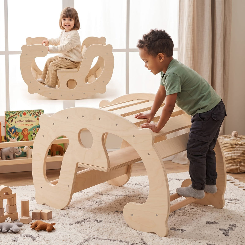 Redsmile 2-in-1 Rocking Horse Arch for Kids Montessori Climbing Toys with Arch Climber for Kids 1+ Years Old, Natural