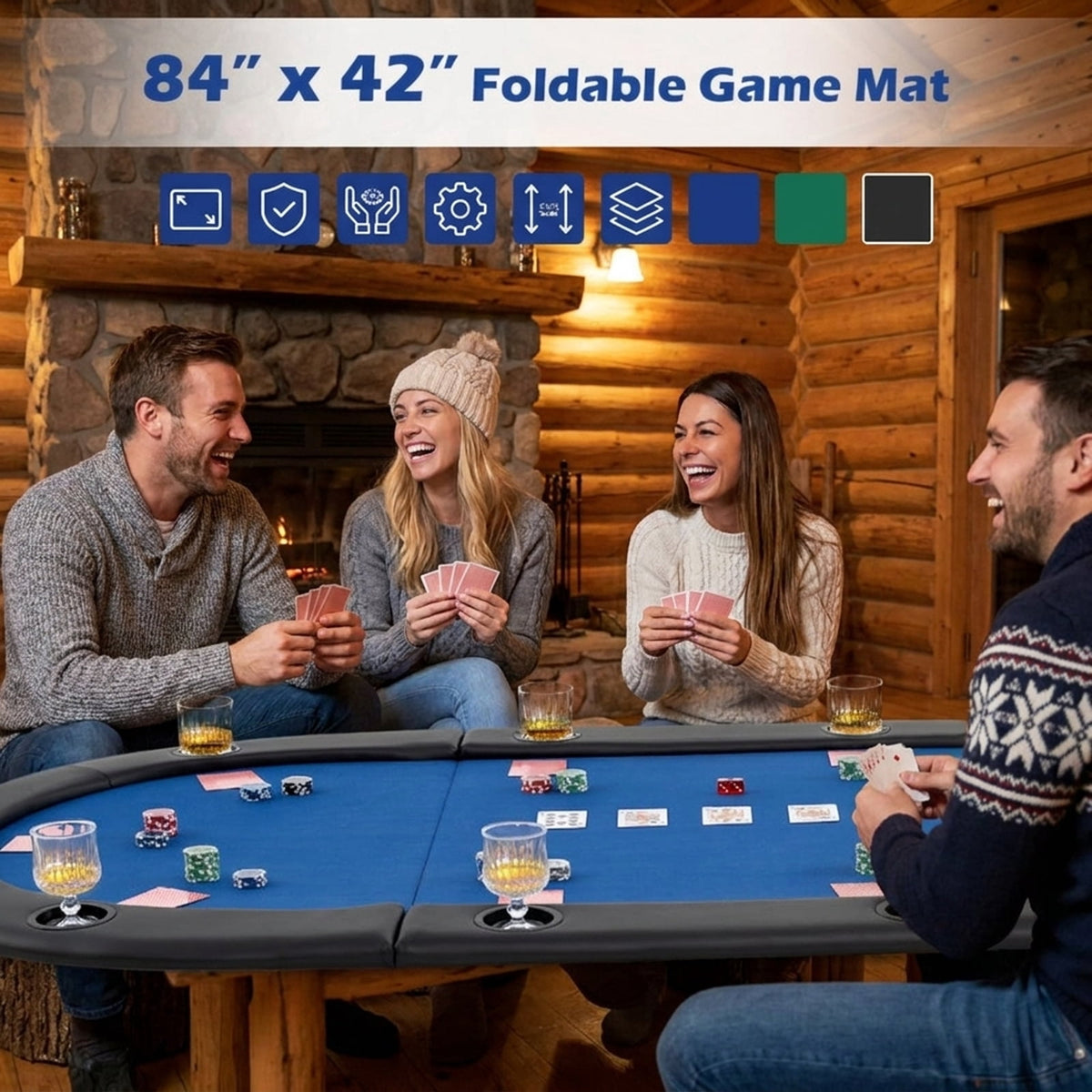 Redsmile 84 x 42 Inch 10-Player Foldable Poker Table Top, Portable Padded Card Game Table Topper with 10 Cup Holders and Carrying Bag, Folding Poker Table Top for Home Party, Blue