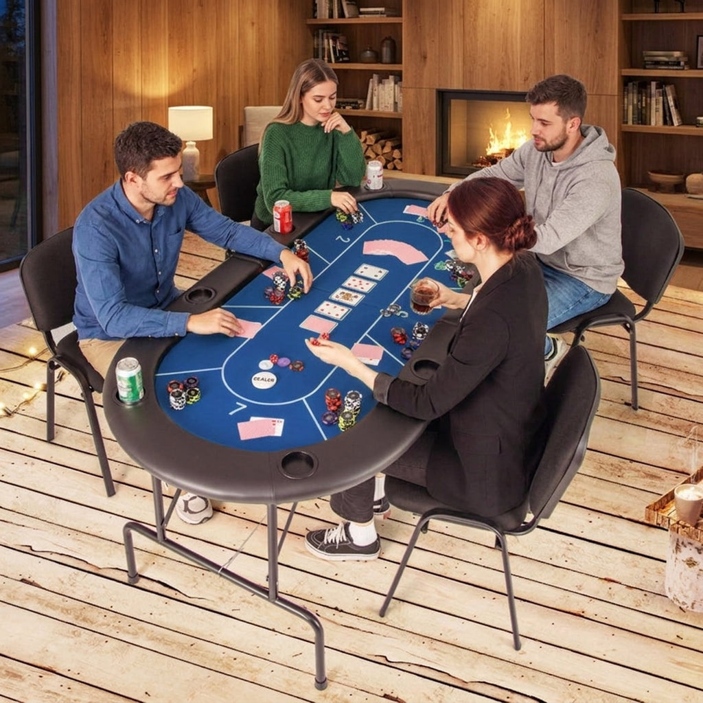 Redsmile 72 Inch Foldable Poker Table with 8 Cup Holders, Portable Casino Card Game Table with Padded Armrests Waterproof PU Leather and Non-Slip Feet for Home Game Room, Blue