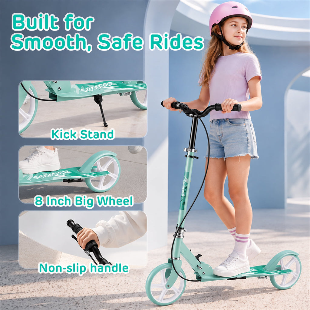 Redsmile Kick Scooter with 4 Adjustable Levels,Folding Commuter Scooter with Dual Brakes and 8 Inch Big Wheels for Teens and Adults,Green