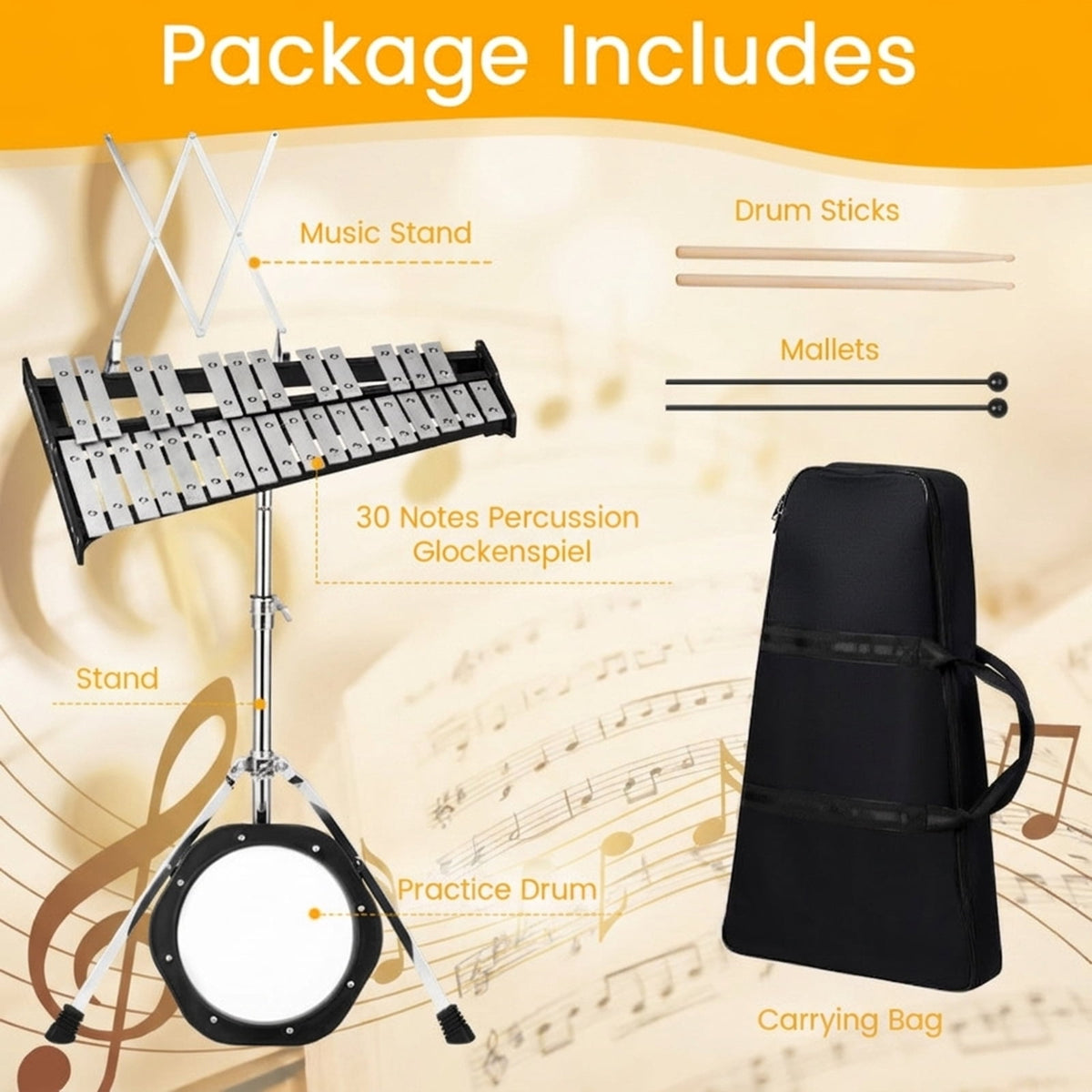Redsmile 30-Note Glockenspiel Percussion Set with Adjustable Stand and Mallets for Beginner Kids, Black