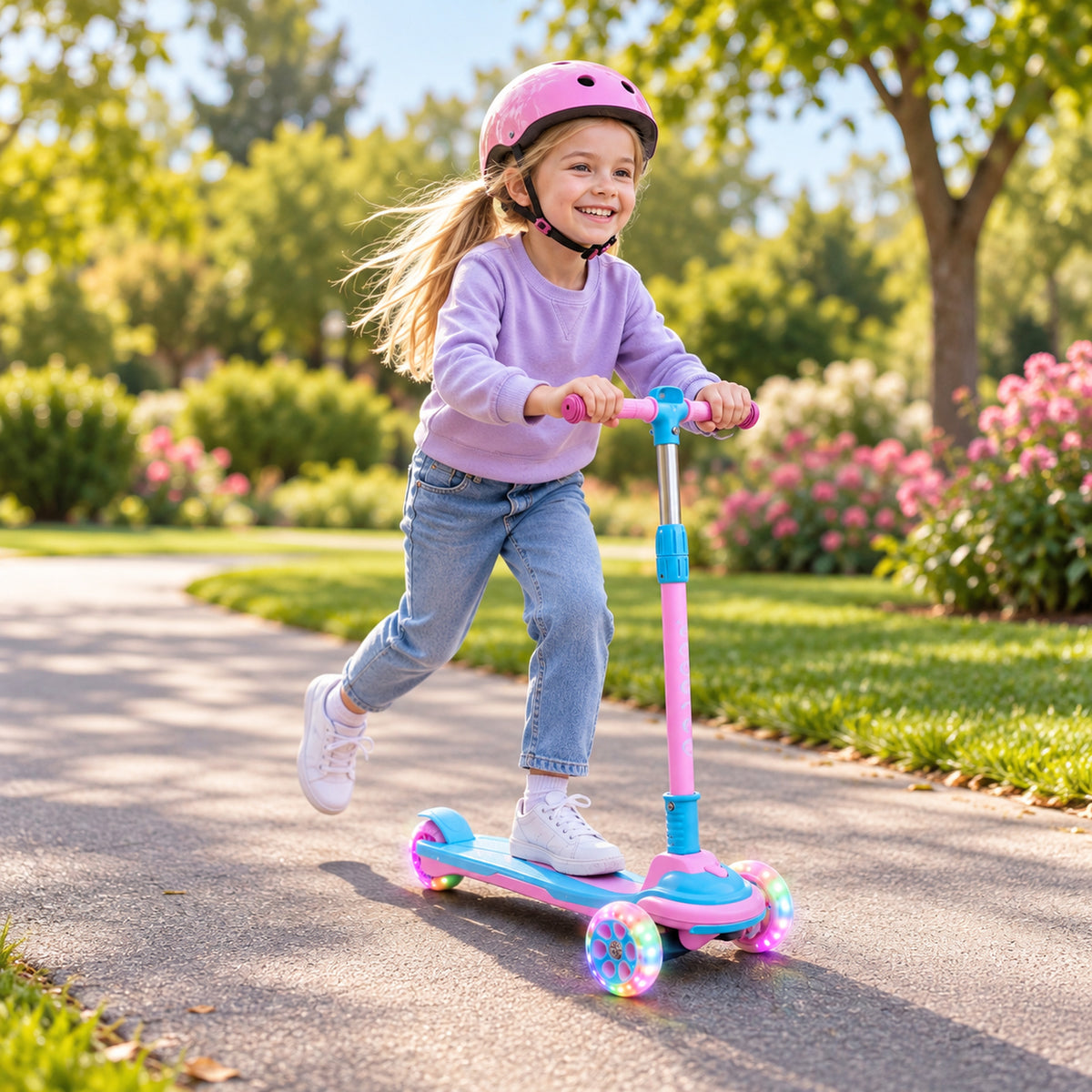 Redsmile Kids 3-Wheel Folding Kick Scooter with Light-Up Wheels, Pink and Blue