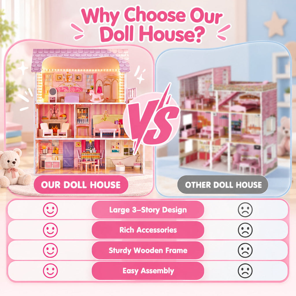 Redsmile Wooden Dollhouse with warm LED Lights, 3-Story Pretend Play Doll House with 16 Furniture and Accessories, DIY Princess Playhouse, Creative Gift for Girls