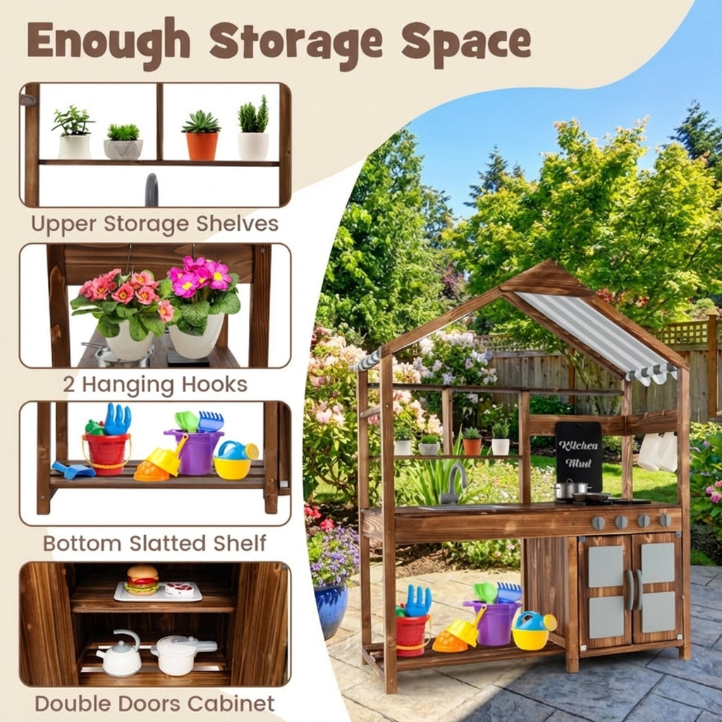 Redsmile Mud Kitchen for Kids Outdoor, Solid Fir Wood Play Kitchen with Canopy Sink Faucet 4 Stoves and Chalkboard, Toddler Outdoor Playset for Backyard Garden, Ages 3-7, Natural
