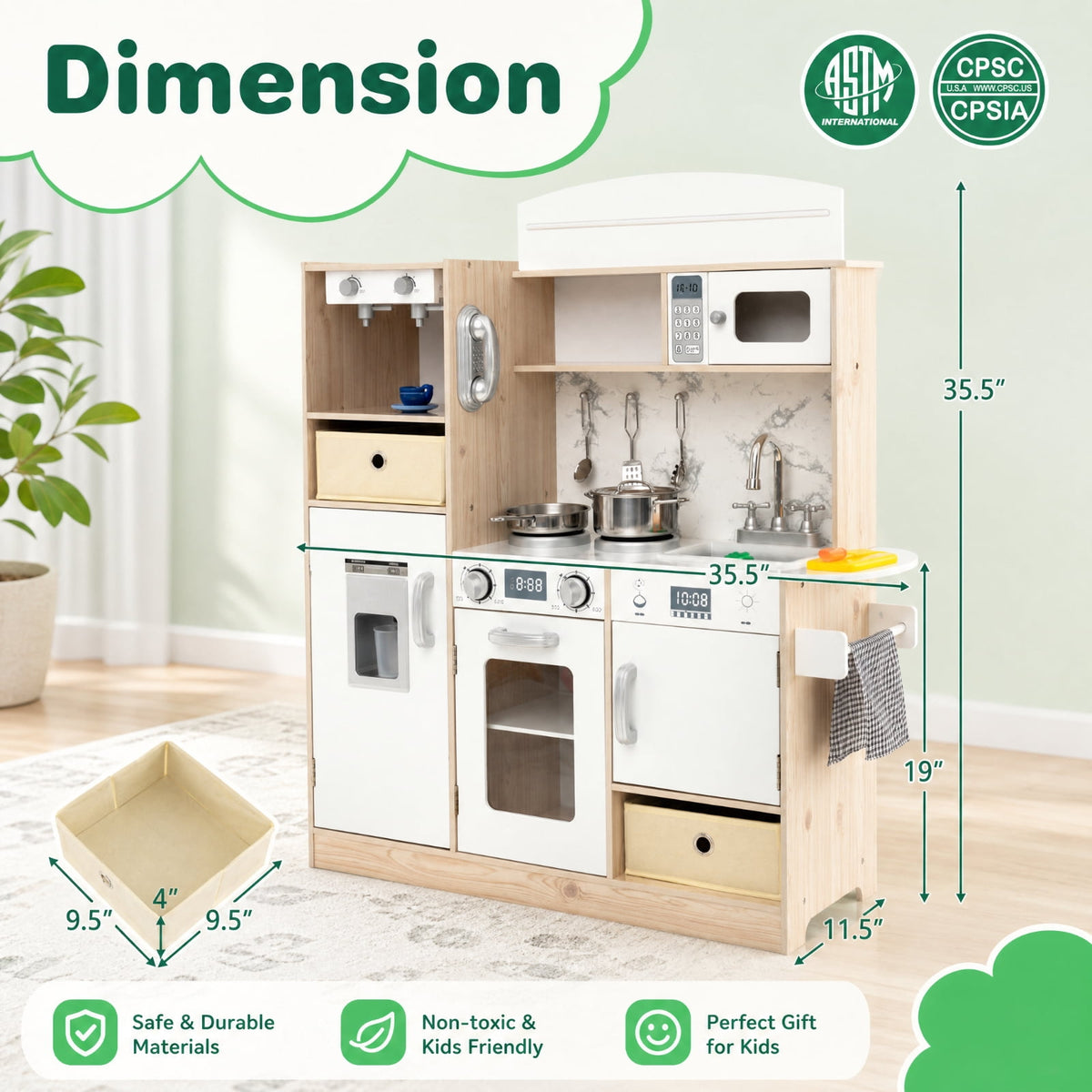Redsmile Kids Play Kitchen Set for Toddlers 3+ Years, Pretend Play Kitchen Playset with Remote-Adjustable LED Lights, Working Coffee Maker, Ice Maker, Removable Fabric Bins and Sink, White