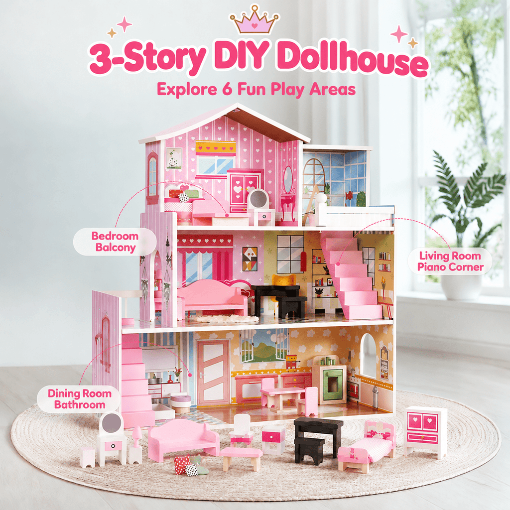 Redsmile Wooden Dollhouse for Kids, 3-Story Doll House with 17 Furniture Pieces and Accessories for Pretend Play and Birthday Gifts, Pink