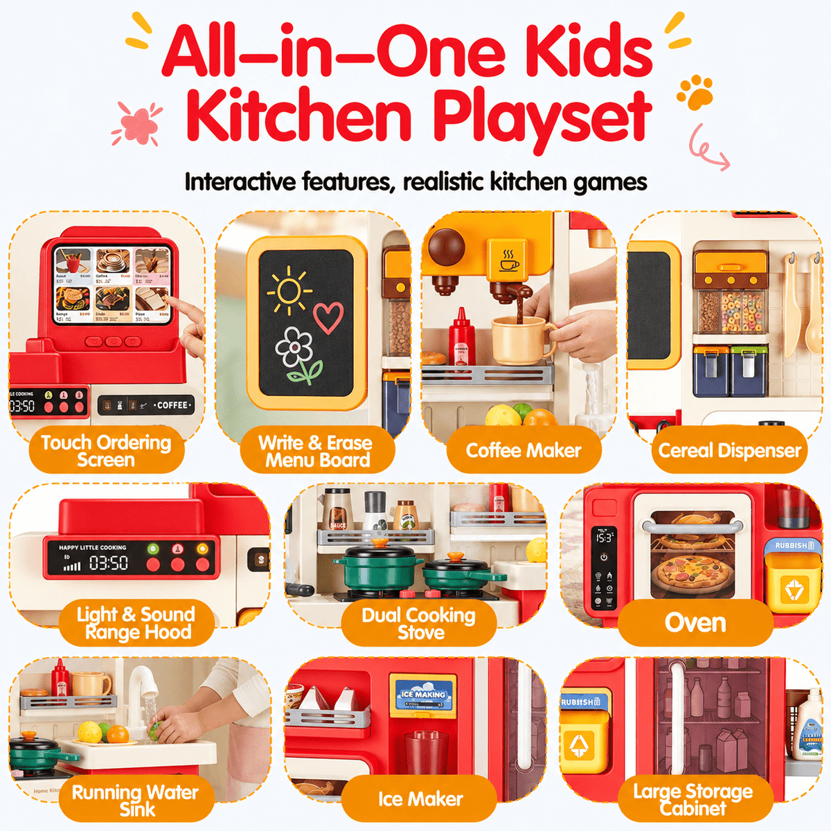 Redsmile Play Kitchen Set with Interactive Menu, Steam Stove, Ice Coffee Maker, Lights, Sounds Music, Apron Set and Food Cards,Pretend Play Toys Gifts for Kids,Red