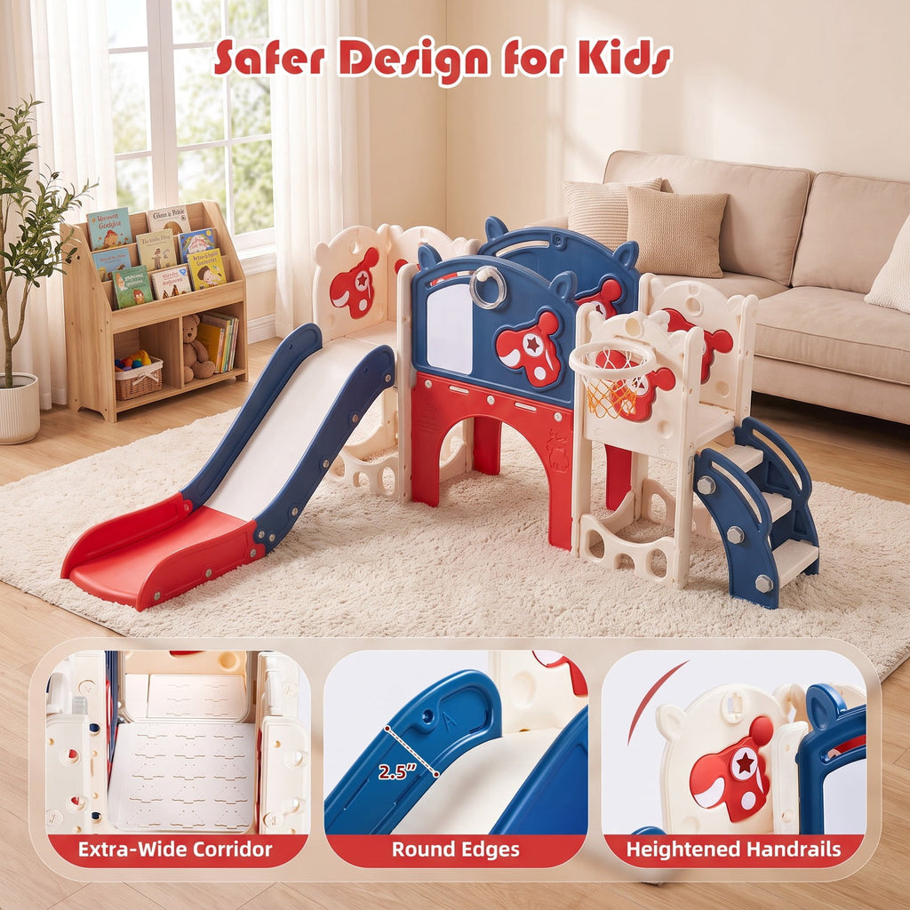 Redsmile Kids Slide and Climber Playset with Basketball Hoop, Telescope, Golf, Drawing Board and Ring Toss Activities