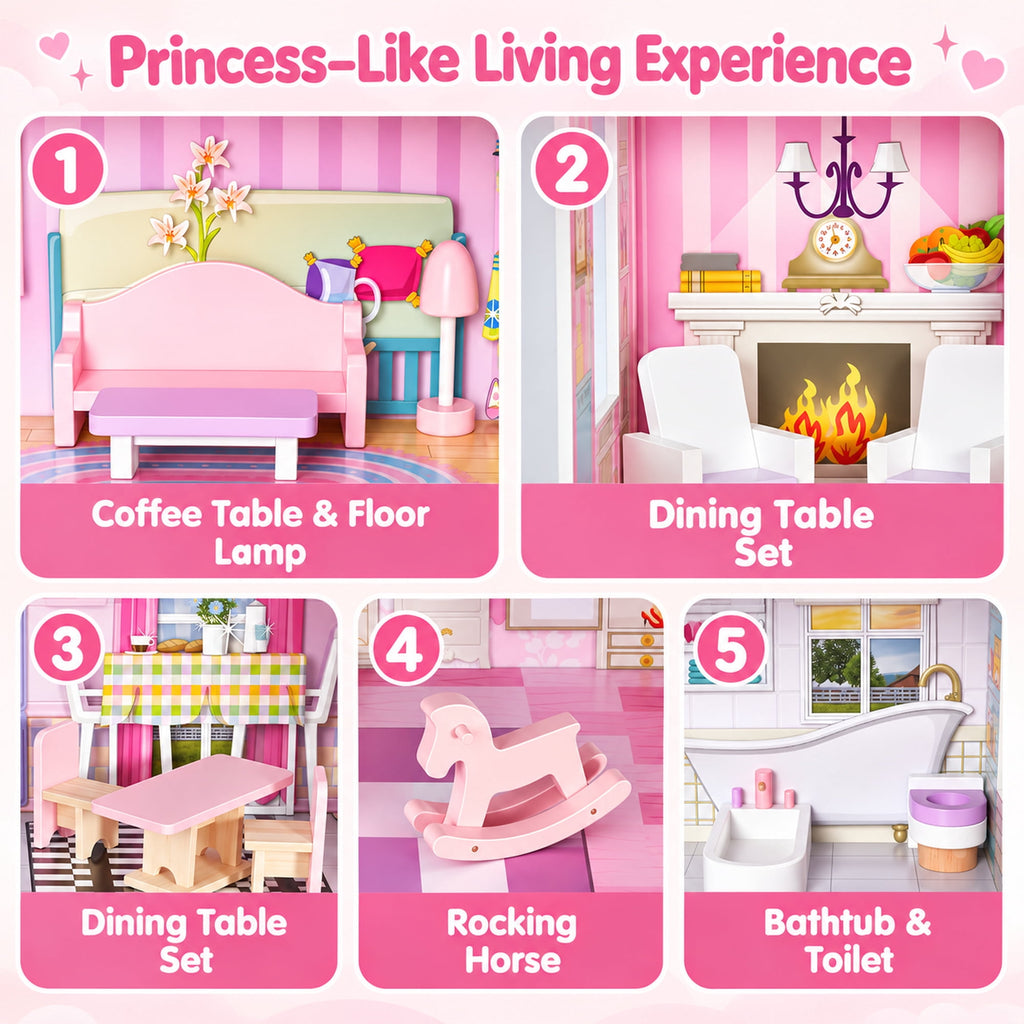 Redsmile Wooden Dollhouse with warm LED Lights, 3-Story Pretend Play Doll House with 16 Furniture and Accessories, DIY Princess Playhouse, Creative Gift for Girls